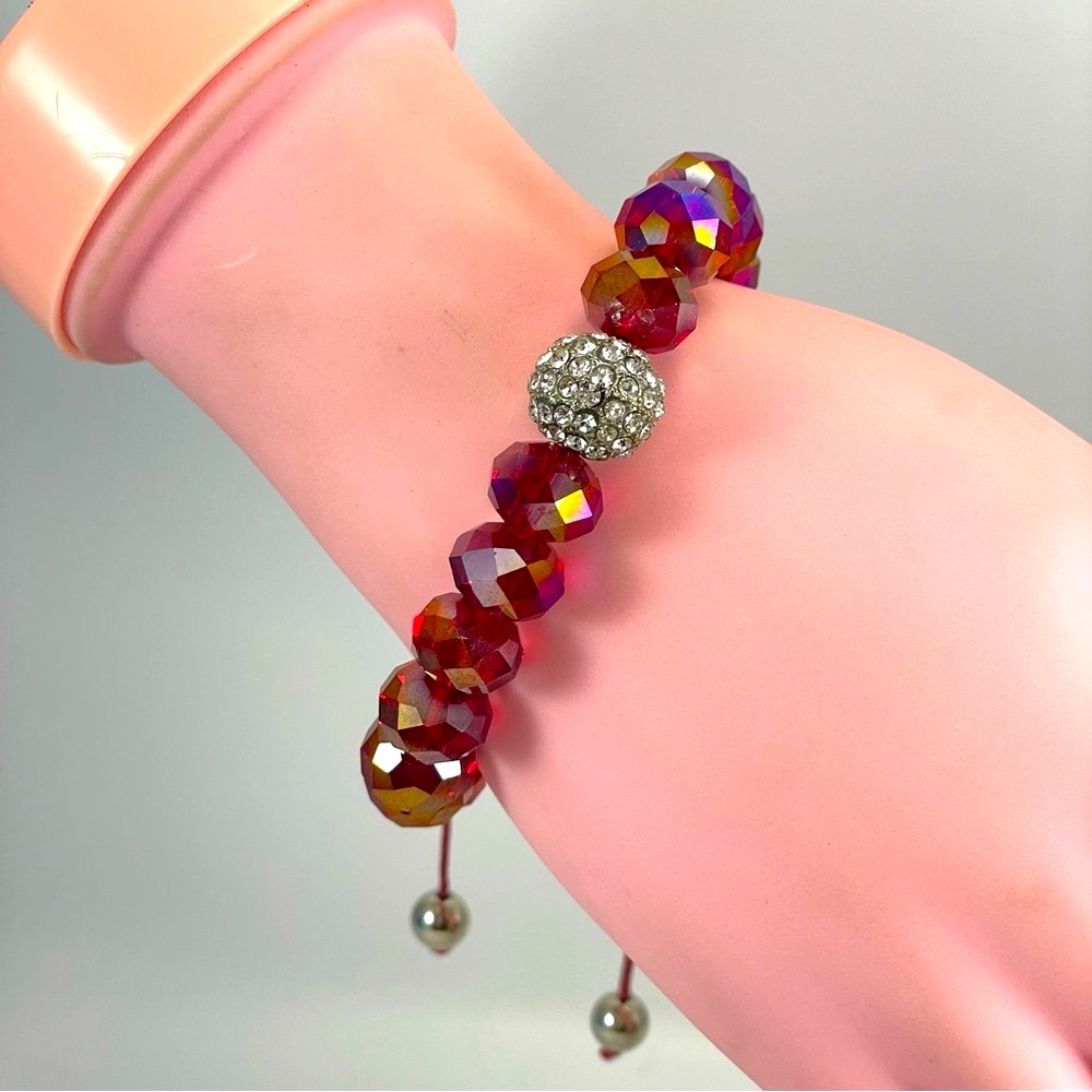 Stunning Red AB Faceted Glass Beaded Adjustable Corded Bracelet Rhinestones